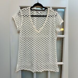 Beyond Vintage Y2K V-Neck Open Crochet Mesh Knit Short Sleeve Top Size Large L